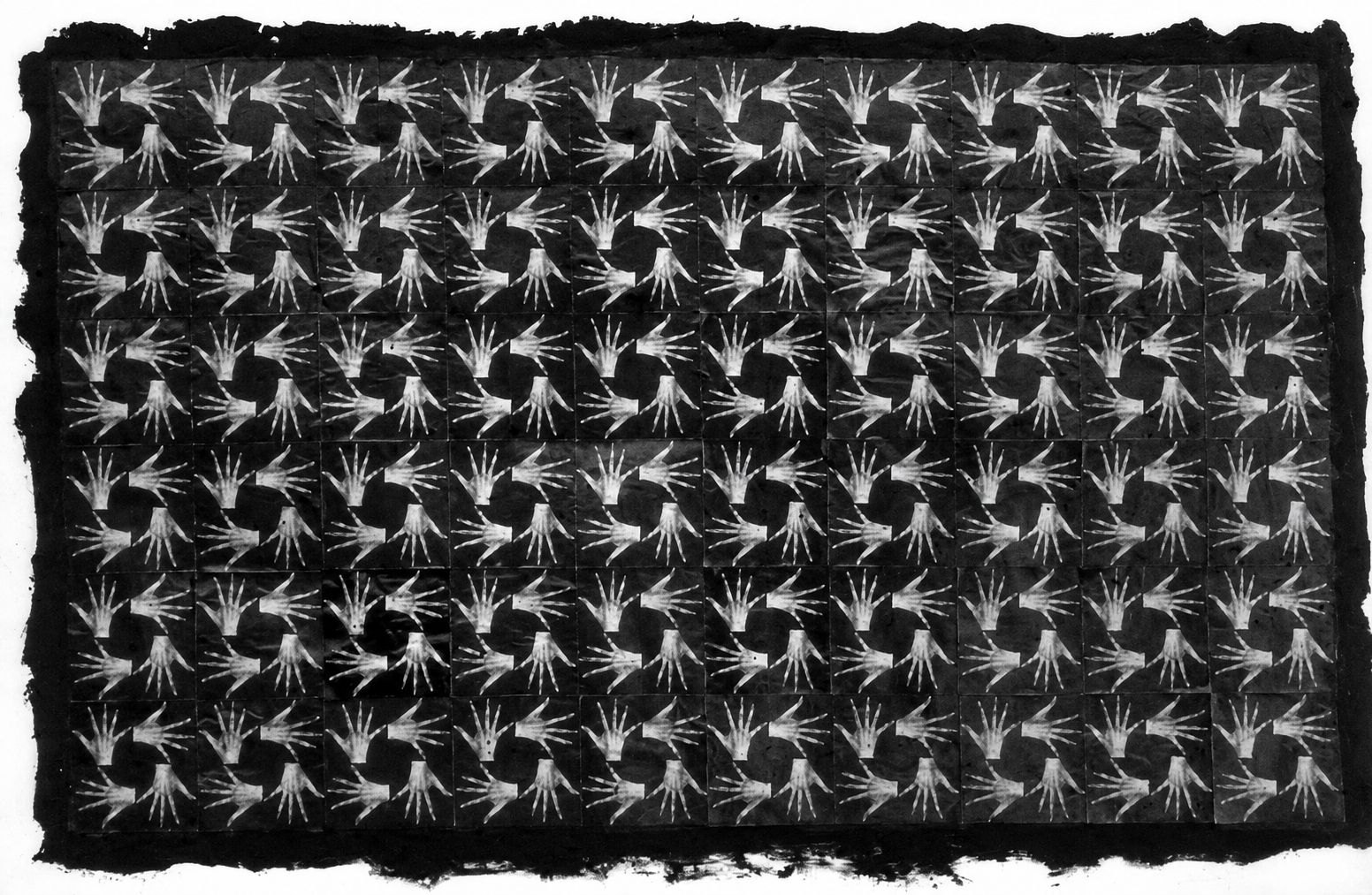 A grid of photocopied open hands rotating around dark centres, framed by a rough black border.